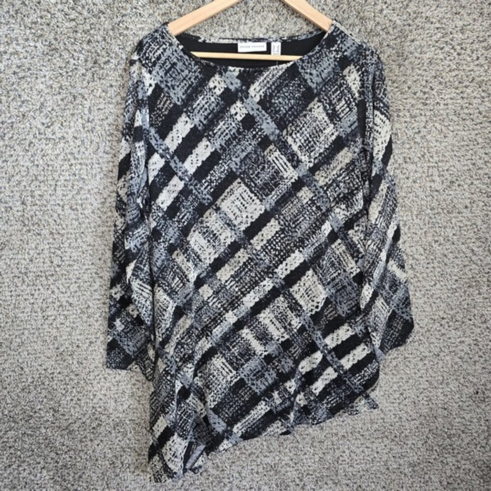 Susan Graver Top Womens Plus 1X Black Silver Scoop Neck Knit Tunic Metallic